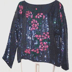 Jeffrey Lawrence Silk Black Green Pink Floral Long Sleeve beaded tops Size:S/M